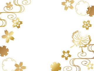 高級感のある蝶々と桜の背景　横位置　ホワイト＆ゴールド