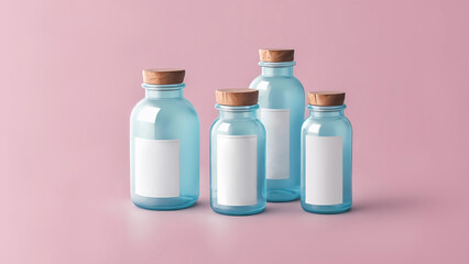 Set of glass medicine bottles, on pink background, copy space, Generative AI