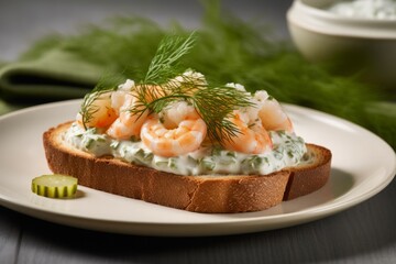 Toast Skagen: This is a simple yet elegant dish made with shrimp, dill, mayonnaise, and crème fraîche, served on toast or crispy bread. Generative AI.