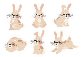 Fototapeta premium Vector set of cute rabbits in cartoon style. Bunny pet silhouette in different poses. Hare and rabbit colorful illustration for childrens book, postcards and posters.