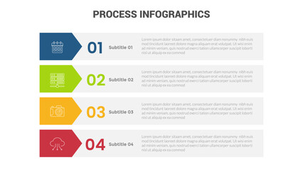 business process stage infographics template diagram banner with long rectangle box vertical direction and 4 point step creative design for slide presentation data - obrazy, fototapety, plakaty