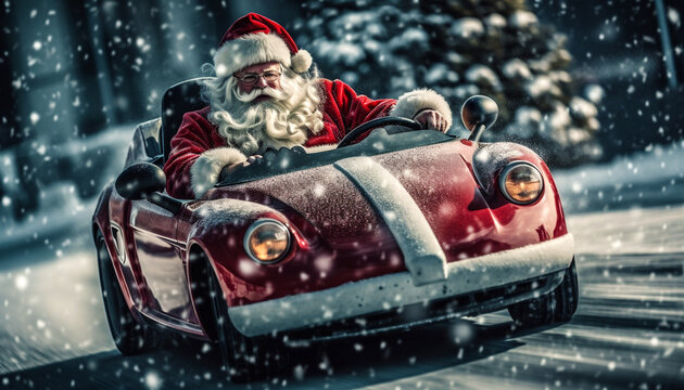 Santa claus driving red sports car on Christmas day's, delivering presents. winter wonderland snowy landscape. Merry Christmas,delivery,transport concept