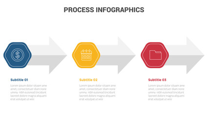 business process stage infographics template diagram banner with arrow shape right direction and 3 point step creative design for slide presentation data