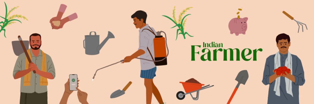 Set of Indian farmers in traditional clothes vector flat illustration. Collection of rural mens. Agricultural elements and workers. 