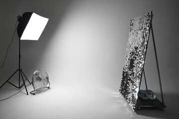 Studio with cyclorama and equipment. Interior of modern photostudio with ventilator professional...