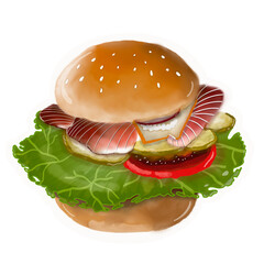 Watercolor Hamburger Sticker Art Illustration 