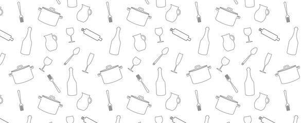 Fototapeta na wymiar Seamless pattern with kitchen utensils. A saucepan, a glass, a fork and a spoon. Set of silhouettes kitchen tools fork spoon knife rolling pin ladle board for cutting culinary banner with place 
