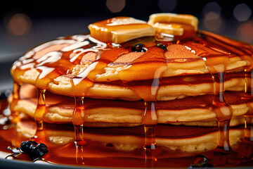 Culinary illustration of pancakes with butter and syrup close-up. Delicious pancakes. Generative AI