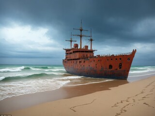 Fototapeta premium A ship wreck on a tropical beach created with generative ai