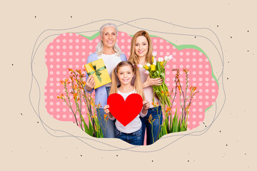 Creative greeting card template of people happy family celebrate 8 march occasion mother day advertise gifts offer