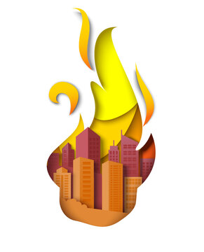 City buildings in fire flames vector illustration in paper cut style