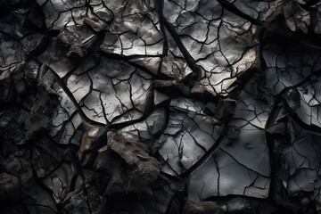 Cracked rock texture. Black white stone background. Grunge. Dark gray rough surface. Close-up. Broken, damaged, collapsed.