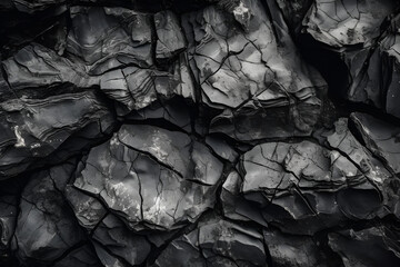 Cracked rock texture. Black white stone background. Grunge. Dark gray rough surface. Close-up. Broken, damaged, collapsed.