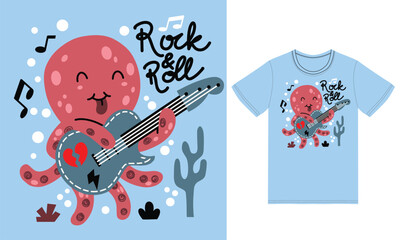 Cute octopus playing guitar illustration with tshirt design premium vector