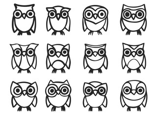 Collection of hand-drawn cute owls. Illustration on transparent background