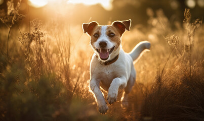 photo of Jack Russell Terrier jumping happily in tall grass at sunset. Generative AI