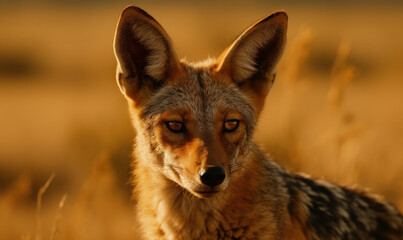 Obraz premium Photo of jackal in the scorching heat of the African savannah, lighting highlights the jackal's wild and cunning nature with slender frame, sharp features, and piercing gaze. Generative AI