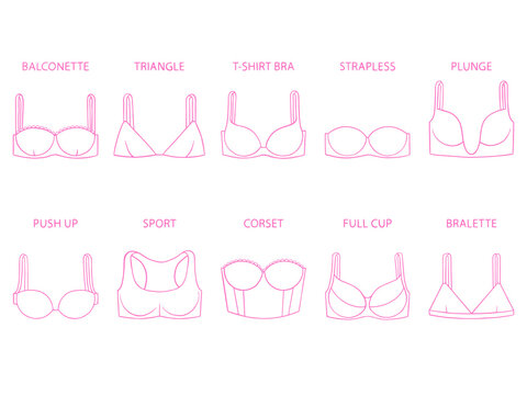 Types of women's bra isolated on white background. Set of brassieres - push up, sport, full cup, balconette, plunge, bralette, corset, triangle, t-shirt, strapless