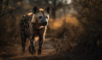 photo of hyena standing on a path between savannah tall grass. Generative AI - obrazy, fototapety, plakaty