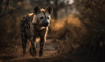 Tuinposter photo of hyena standing on a path between savannah tall grass. Generative AI © Bartek