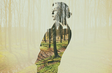 Forest, double exposure and woman thinking in nature or environment with overlay of woods or trees in the background. Illustration, creative and female person outdoor for creativity and reflection © Nathan Christepher Palmer/peopleimages.com
