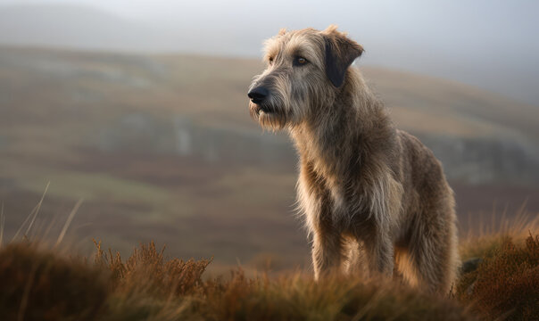 Photo of Irish wolfhound standing majestically on a rocky cliff overlooking misty windswept moor. canine's thick shaggy coat ripples in breeze as it surveys the vast, untamed landscape. Generative AI