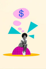 Vertical collage image of positive black white effect minded girl dream money earnings income isolated on drawing background