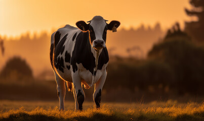 Photo of Holstein-Friesian, standing majestically amidst a lush green pasture, with the sun setting behind it, casting a warm, golden glow on its sleek black and white coat. Generative AI