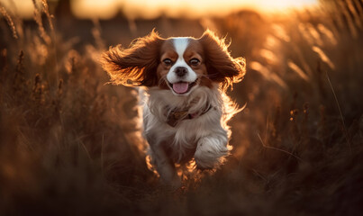 Fototapeta premium photo of Japanese spaniel jumping happily in tall grass at sunset. Generative AI