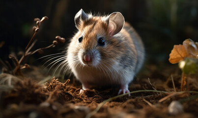 photo of hamster on a forest path with blurry background. Generative AI