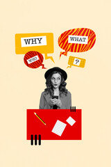 Vertical collage picture of black white colors minded girl use smart phone contemplate question why...
