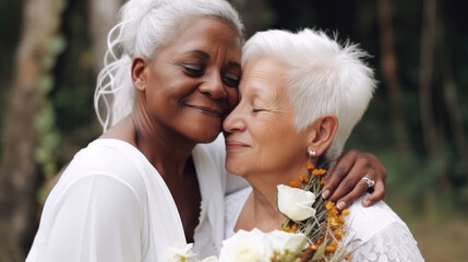 Old women lesbian couple. marrage Black and Caucasian female bride in love. LGBT pride month celebration generative ai
