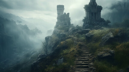 Dark castle in the valley. Fantasy scene with a ruined tower with stairs. AI Generative