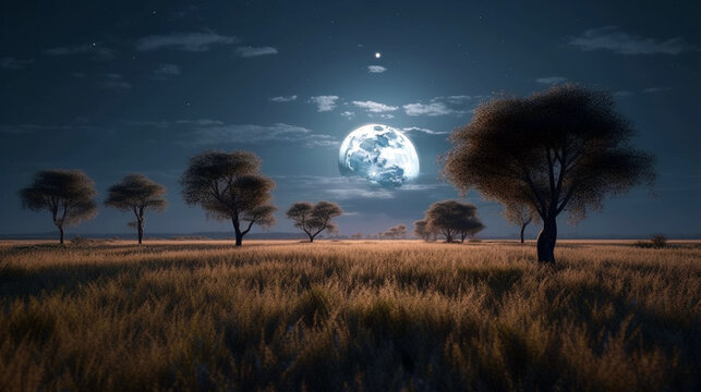 Fantastic night landscape of a field with trees by a large full moon. AI Generative