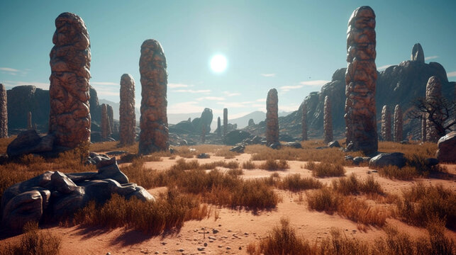 Fantastic and Exotic Allen Planet's Environment with Stone Pillars. AI Generative