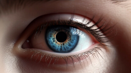 Beautiful blue woman single eye close. AI Generative up. perfect blue eye macro