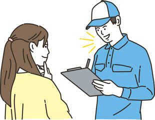 会話をする作業員の男性と若い女性
