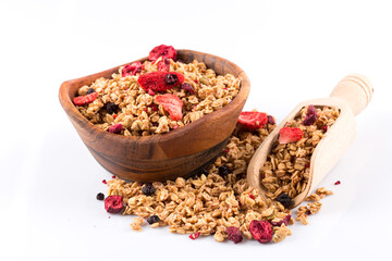 Muesli oat cereals close up background with dry fruits