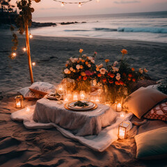 Romantic Bohemian picnic with flowers and fairy lights