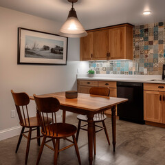 kitchen with a table chairs and lamp