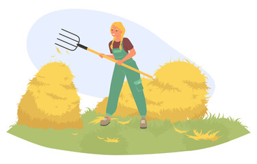 Woman farmer stacking hay with pitchfork vector illustration