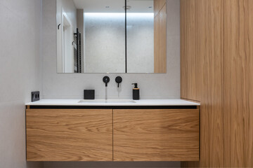 Modern, wooden bathroom, mirror, toilet, cabinet and sink