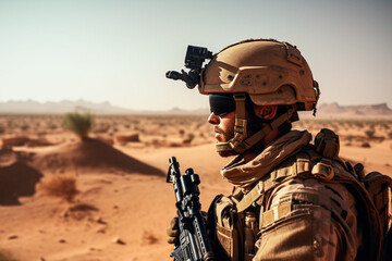 Soldier in the desert with an automatic weapon