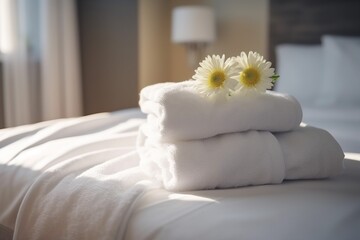 comfortable towel welcome spa bedchamber flower bed bath modern window. Generative AI.