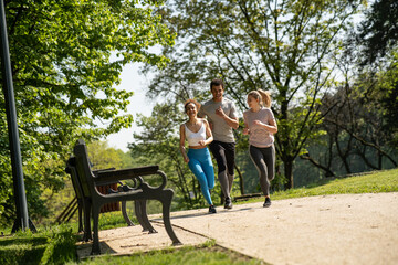 A group of people exercise and run at the park.	
