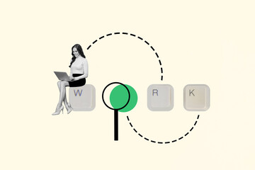 Template painting image collage of lady employee using netbook search on browser job offers recruitment hiring concept