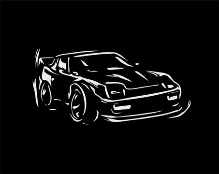 hand drawn simple design, car vector, with linear style silhouette concept, black background