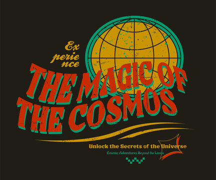 Print design featuring a vintage grunge style with cosmos and mystic themed slogans, accompanied by icons of the universe and the globe