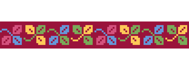 Clover trefoil colorful leaves. Vector geometric border pattern, ornament for textile or fabric. Pixel art, vyshyvanka, cross stitch. Ukrainian folk, ethnic colorful border pattern