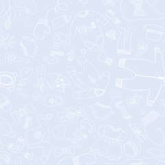 Seamless Pattern Baby Icons Boy Outline Blue And White